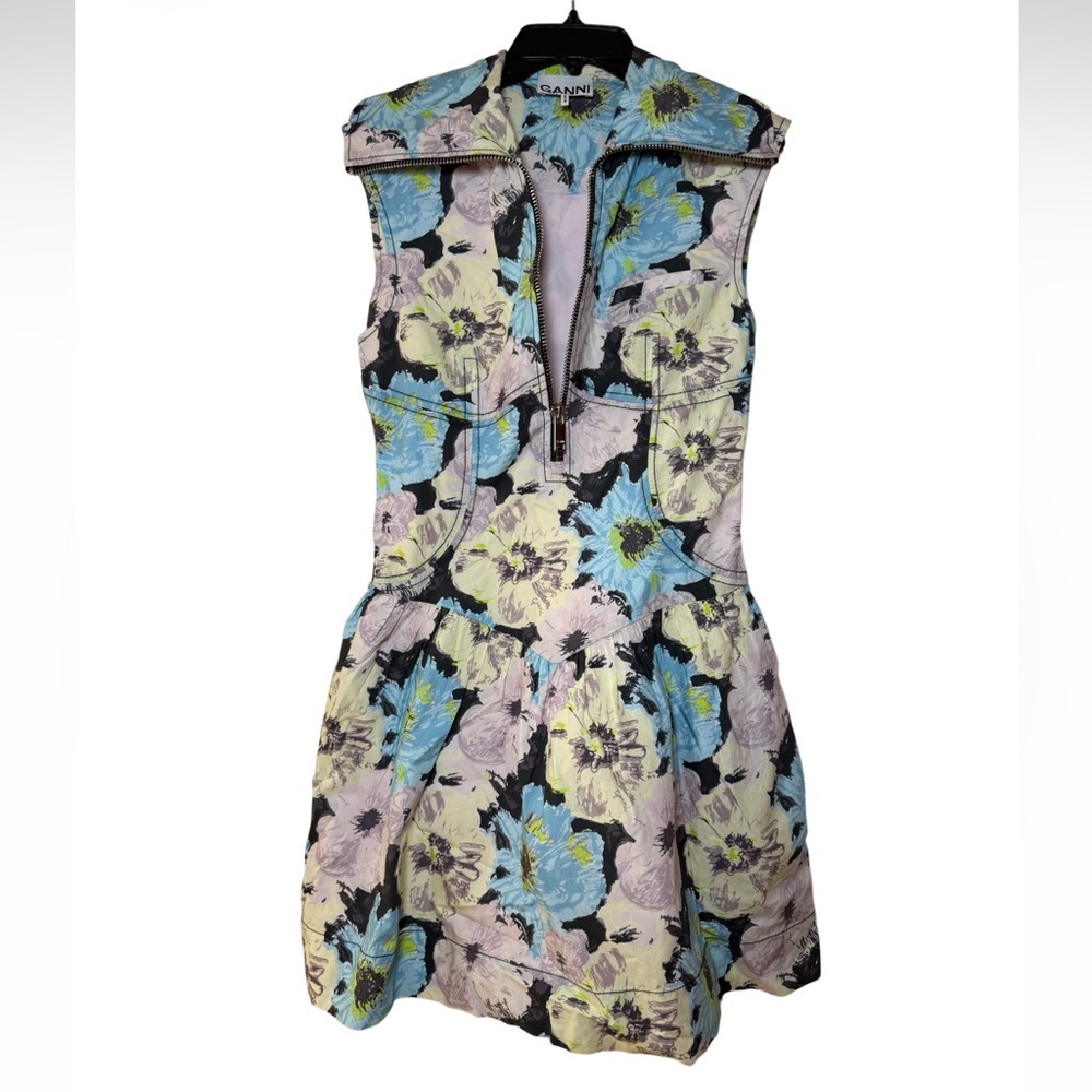 Ganni Floral Printed Sleeveless Cotton Poplin Mini Dress Size US 0, Euro 32 - Picture 2 of 12